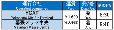 YCAT（横浜）～幕張メッセ中央の料金・時刻表（往路）